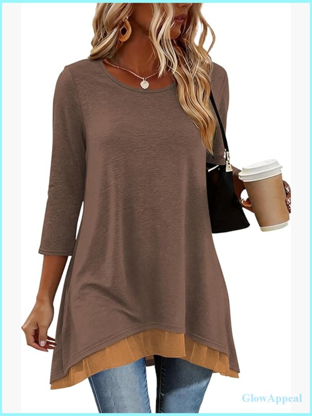 3/4 Sleeve Tunic Tops with Pockets for Leggings Layered Chiffon Hem